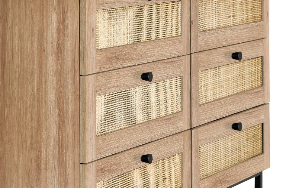 Clermont Oak Wood & Rattan Chest of Drawers | 6 Drawers